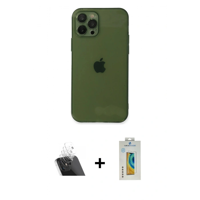 MARSİLYAN™- iPhone 12 Pro Kılıf Ahenk Doku - Siyah Polymer Nano Ekran Koruyucu + Kamera Lens Koruma Cam - SF