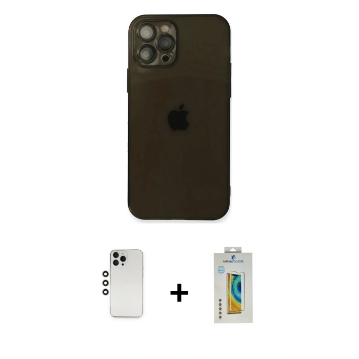 MARSİLYAN™- iPhone 12 Pro Kılıf Ahenk Doku - Siyah Polymer Nano Ekran Koruyucu + Shine Kamera Lens - GS