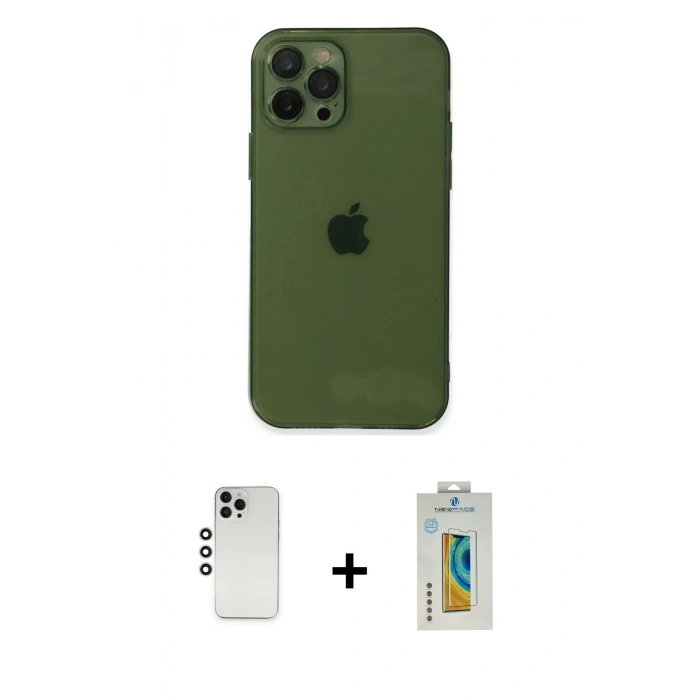 MARSİLYAN™- iPhone 12 Pro Kılıf Ahenk Doku - Siyah Polymer Nano Ekran Koruyucu + Shine Kamera Lens - GS