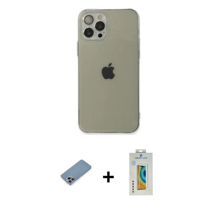 MARSİLYAN™- iPhone 12 Pro Kılıf Ahenk Doku - Siyah Polymer Nano Ekran Koruyucu + Shine Kamera Lens Koruma Cam - GI