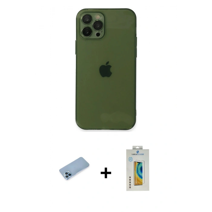 MARSİLYAN™- iPhone 12 Pro Kılıf Ahenk Doku - Siyah Polymer Nano Ekran Koruyucu + Shine Kamera Lens Koruma Cam - MI