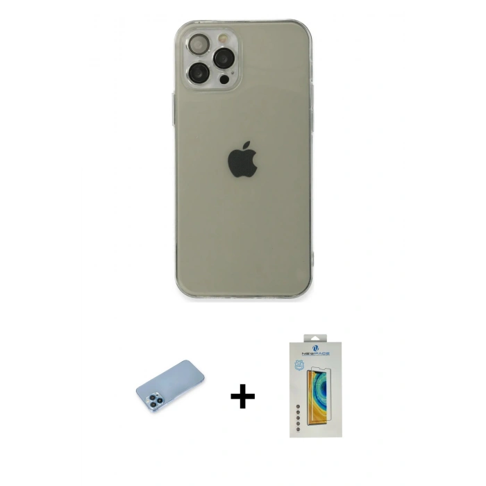 MARSİLYAN™- iPhone 12 Pro Kılıf Ahenk Doku - Siyah Polymer Nano Ekran Koruyucu + Shine Kamera Lens Koruma Cam - MI