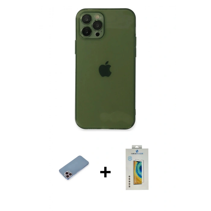 MARSİLYAN™- iPhone 12 Pro Kılıf Ahenk Doku - Siyah Polymer Nano Ekran Koruyucu + Shine Kamera Lens Koruma Cam - PE