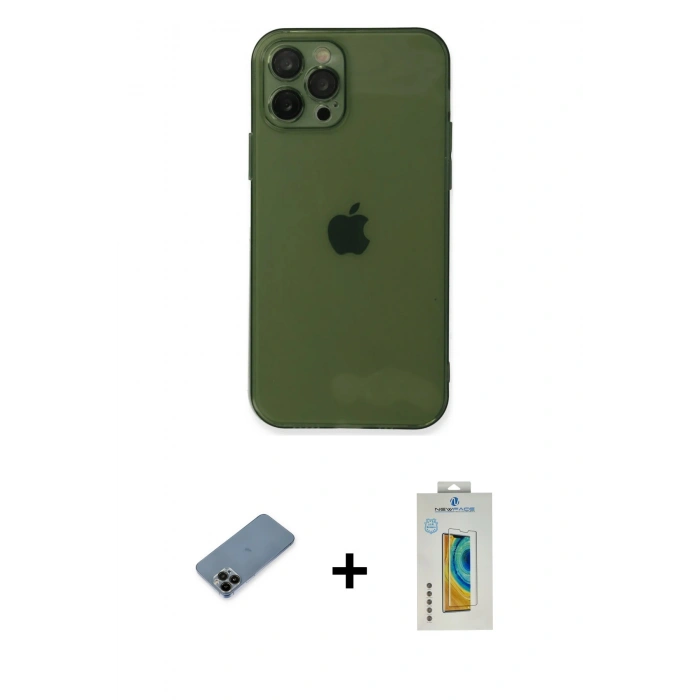 MARSİLYAN™- iPhone 12 Pro Kılıf Ahenk Doku - Siyah Polymer Nano Ekran Koruyucu + Shine Kamera Lens Koruma Cam - SH