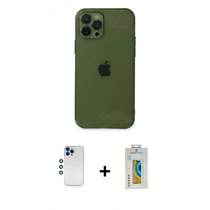 MARSİLYAN™- iPhone 12 Pro Kılıf Ahenk Doku - Siyah Polymer Nano Ekran Koruyucu + Shine Kamera Lens - MI