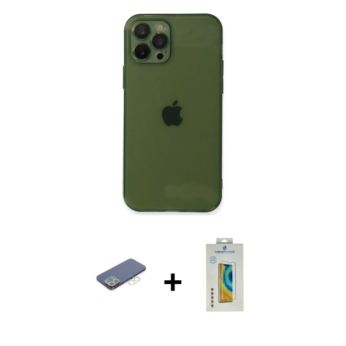 MARSİLYAN™- iPhone 12 Pro Kılıf Ahenk Doku - Siyah Polymer Nano Ekran Koruyucu + Renkli Kamera Lens Koruma Cam - YL