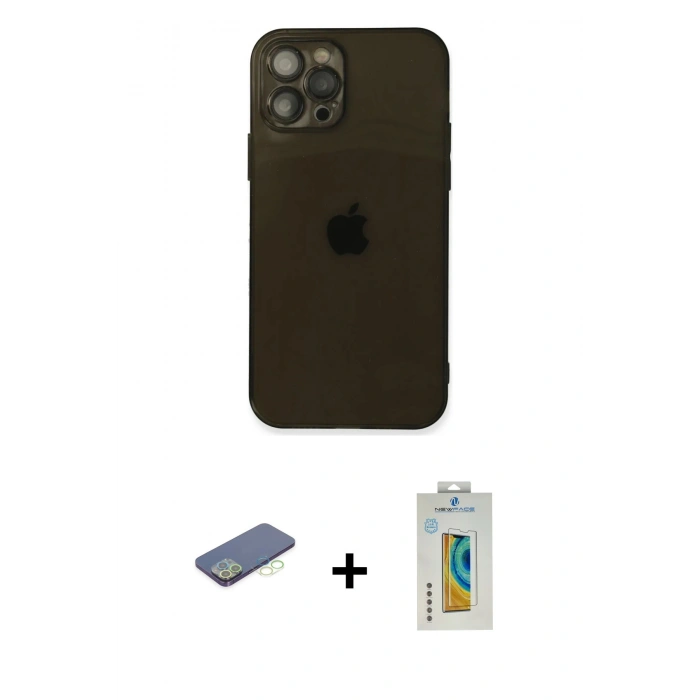 MARSİLYAN™- iPhone 12 Pro Kılıf Ahenk Doku - Siyah Polymer Nano Ekran Koruyucu + Renkli Kamera Lens Koruma Cam - YL