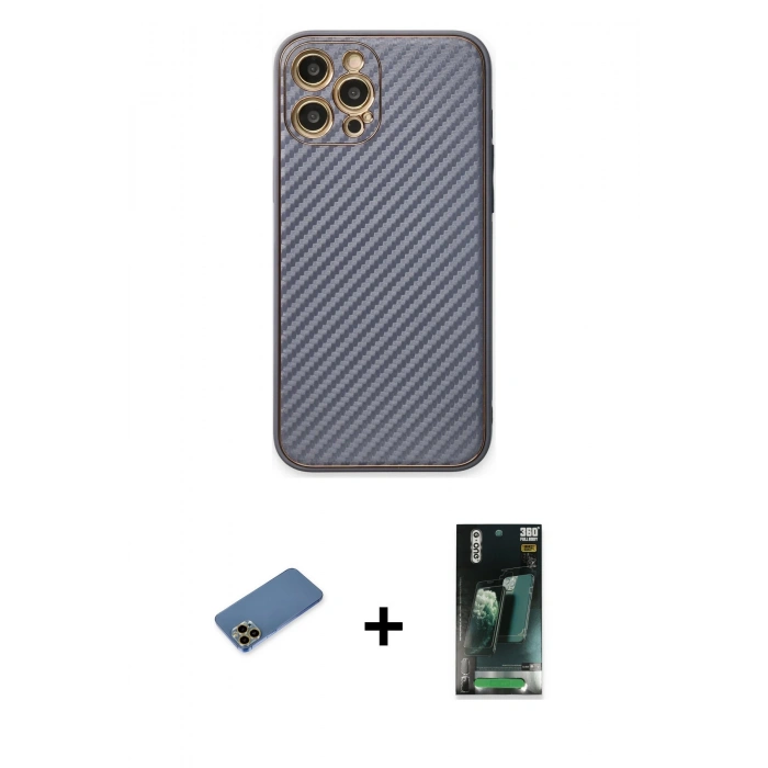 MARSİLYAN™- iPhone 12 Pro Kılıf Ahenk Işık - Şeffaf 360 Full Body Arka Koruyucu + Shine Kamera Lens Koruma Cam - GD