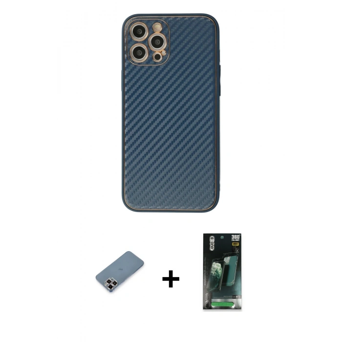 MARSİLYAN™- iPhone 12 Pro Kılıf Ahenk Işık - Şeffaf 360 Full Body Arka Koruyucu + Metal Kamera Lens Koruma Cam - MR