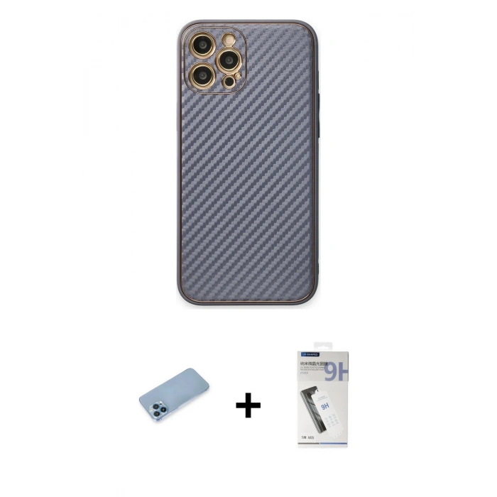 MARSİLYAN™- iPhone 12 Pro Kılıf Ahenk Işık - Şeffaf Uv Polymer Nano Ekran Koruyucu + Mavi Shine Kamera Lens Koruma Cam