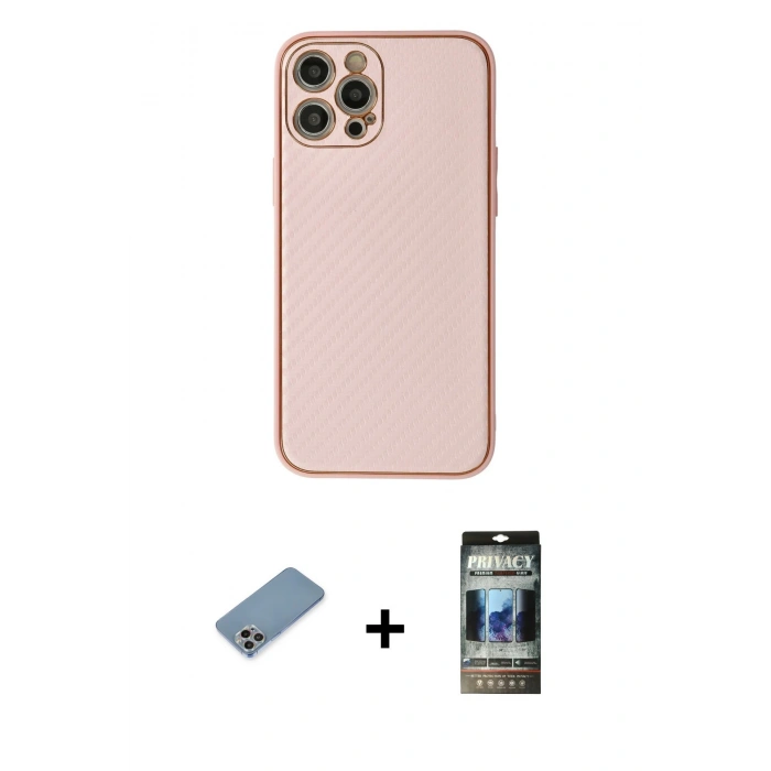 MARSİLYAN™- iPhone 12 Pro Kılıf Ahenk Işık - Siyah 34D Hayalet Izgaralı Cam + Shine Kamera Lens Koruma Cam - GI