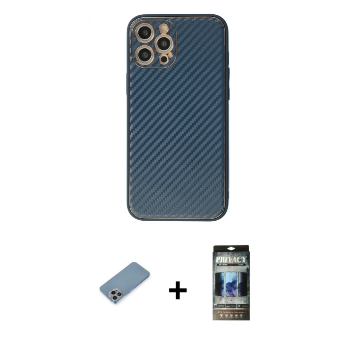 MARSİLYAN™- iPhone 12 Pro Kılıf Ahenk Işık - Siyah 34D Hayalet Izgaralı Cam + Shine Kamera Lens Koruma Cam - GI