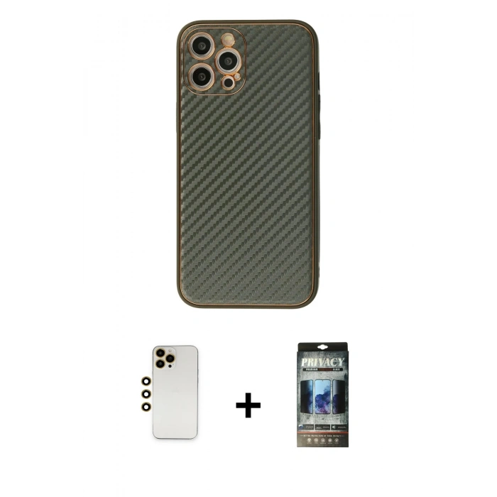 MARSİLYAN™- iPhone 12 Pro Kılıf Ahenk Işık - Siyah 34D Hayalet Izgaralı Cam + Shine Kamera Lens - GD