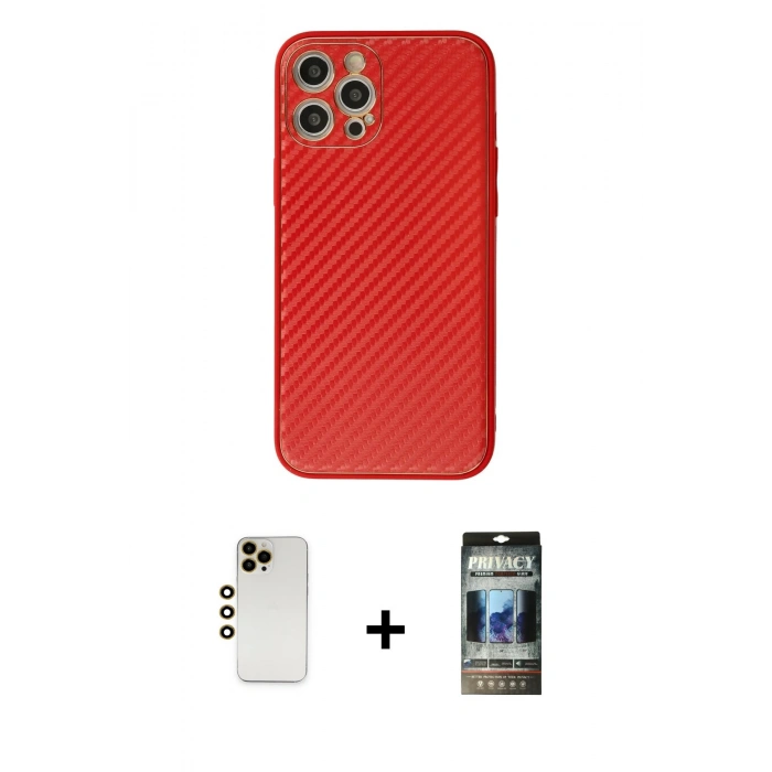 MARSİLYAN™- iPhone 12 Pro Kılıf Ahenk Işık - Siyah 34D Hayalet Izgaralı Cam + Shine Kamera Lens - GD