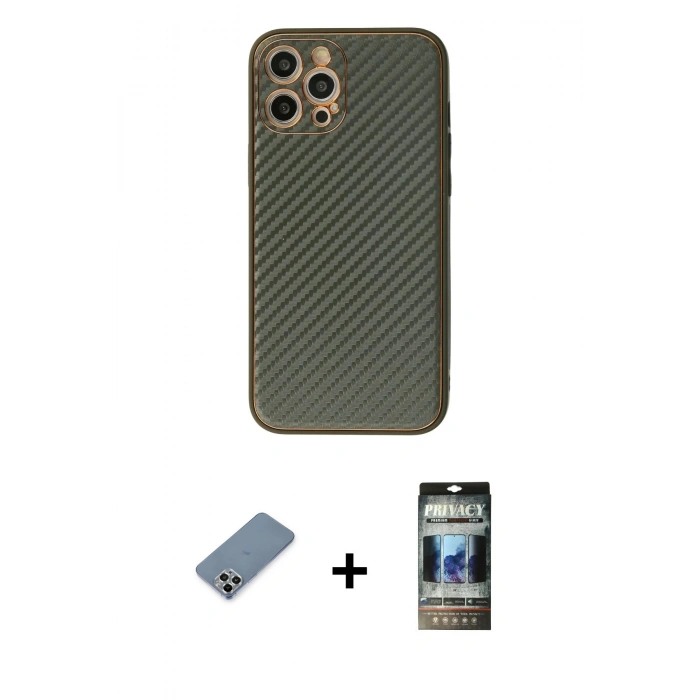 MARSİLYAN™- iPhone 12 Pro Kılıf Ahenk Işık - Siyah 34D Hayalet Izgaralı Cam + Metal Kamera Lens Koruma Cam - GS
