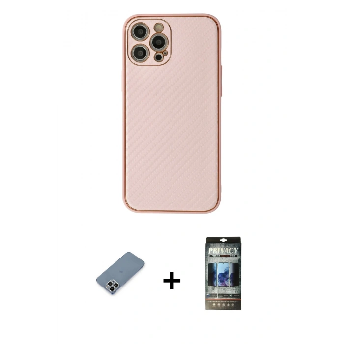 MARSİLYAN™- iPhone 12 Pro Kılıf Ahenk Işık - Siyah 34D Hayalet Izgaralı Cam + Metal Kamera Lens Koruma Cam - GS