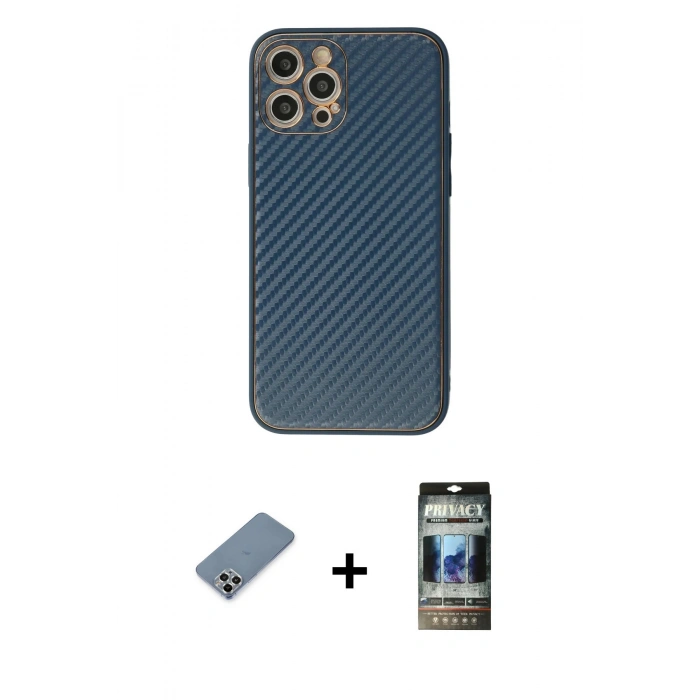 MARSİLYAN™- iPhone 12 Pro Kılıf Ahenk Işık - Siyah 34D Hayalet Izgaralı Cam + Metal Kamera Lens Koruma Cam - GS