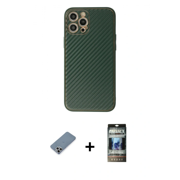 MARSİLYAN™- iPhone 12 Pro Kılıf Ahenk Işık - Siyah 34D Hayalet Izgaralı Cam + Metal Kamera Lens Koruma Cam - GS