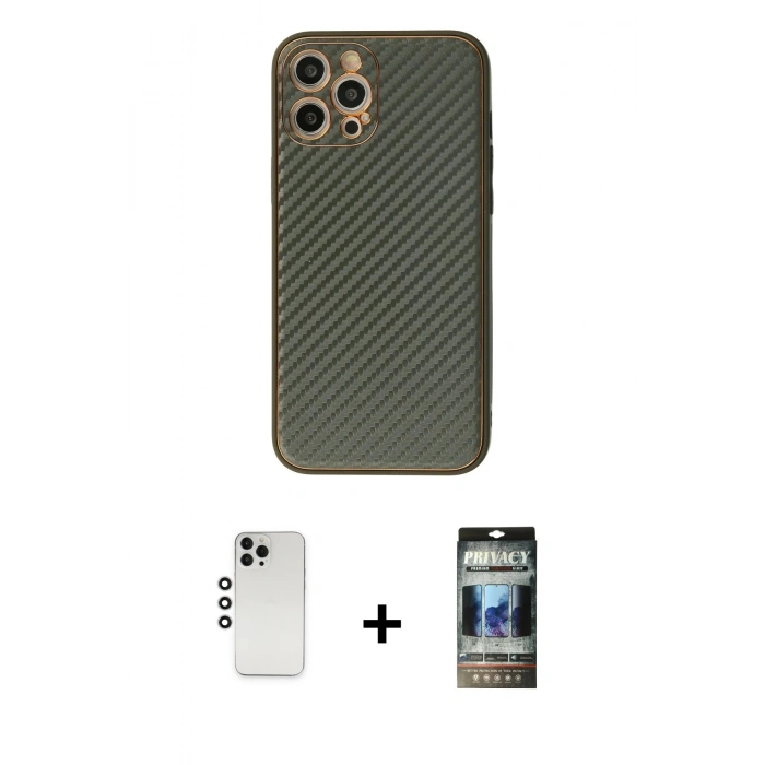 MARSİLYAN™- iPhone 12 Pro Kılıf Ahenk Işık - Siyah 34D Hayalet Izgaralı Cam + Shine Kamera Lens - GS