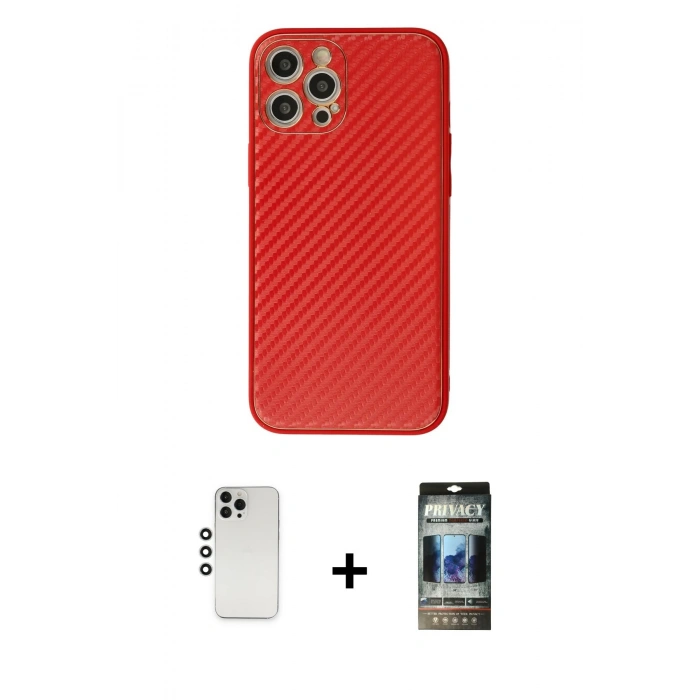 MARSİLYAN™- iPhone 12 Pro Kılıf Ahenk Işık - Siyah 34D Hayalet Izgaralı Cam + Shine Kamera Lens - GS