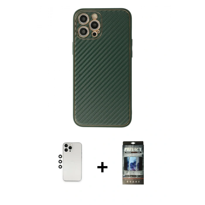 MARSİLYAN™- iPhone 12 Pro Kılıf Ahenk Işık - Siyah 34D Hayalet Izgaralı Cam + Shine Kamera Lens - GS
