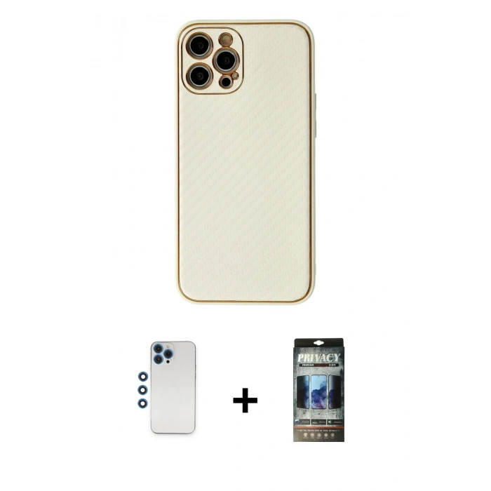 MARSİLYAN™- iPhone 12 Pro Kılıf Ahenk Işık - Siyah 34D Hayalet Izgaralı Cam + Shine Kamera Lens - MI