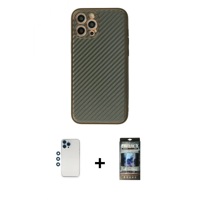 MARSİLYAN™- iPhone 12 Pro Kılıf Ahenk Işık - Siyah 34D Hayalet Izgaralı Cam + Shine Kamera Lens - MI