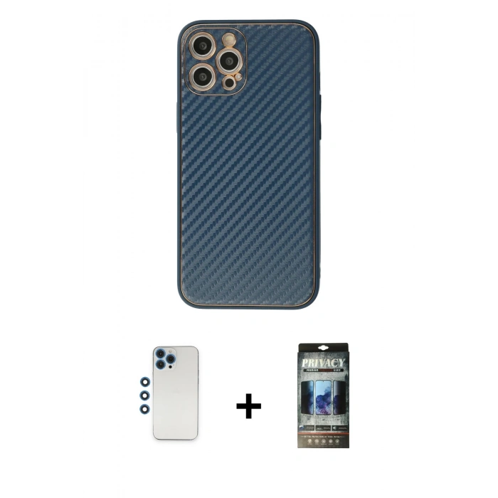 MARSİLYAN™- iPhone 12 Pro Kılıf Ahenk Işık - Siyah 34D Hayalet Izgaralı Cam + Shine Kamera Lens - MI