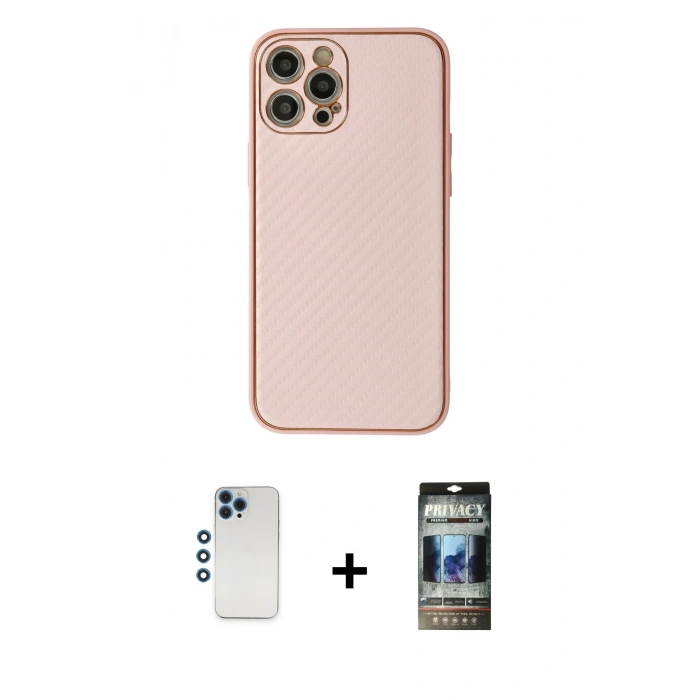 MARSİLYAN™- iPhone 12 Pro Kılıf Ahenk Işık - Siyah 34D Hayalet Izgaralı Cam + Shine Kamera Lens - MI