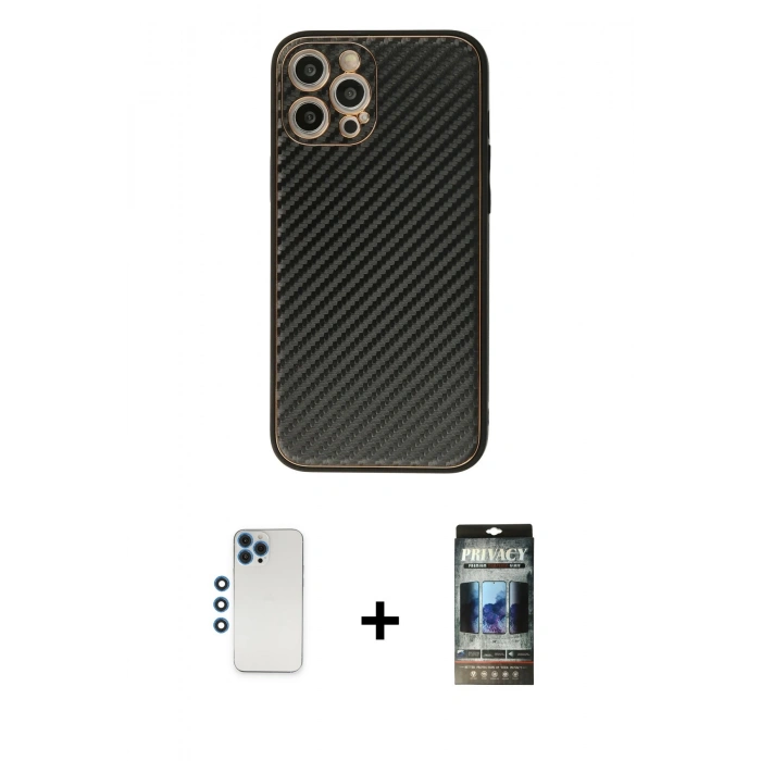 MARSİLYAN™- iPhone 12 Pro Kılıf Ahenk Işık - Siyah 34D Hayalet Izgaralı Cam + Shine Kamera Lens - MI