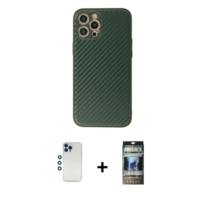 MARSİLYAN™- iPhone 12 Pro Kılıf Ahenk Işık - Siyah 34D Hayalet Izgaralı Cam + Shine Kamera Lens - MI