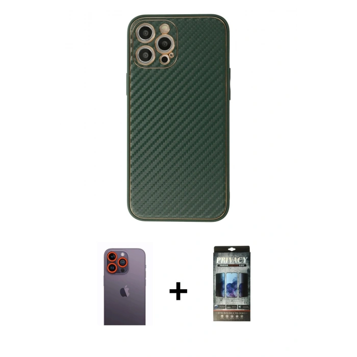 MARSİLYAN™- iPhone 12 Pro Kılıf Ahenk Işık - Siyah 34D Hayalet Izgaralı Cam + Neon Fosforlu Kamera Lens - TU