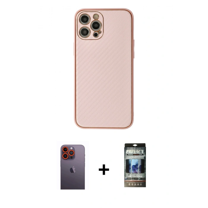 MARSİLYAN™- iPhone 12 Pro Kılıf Ahenk Işık - Siyah 34D Hayalet Izgaralı Cam + Neon Fosforlu Kamera Lens - TU