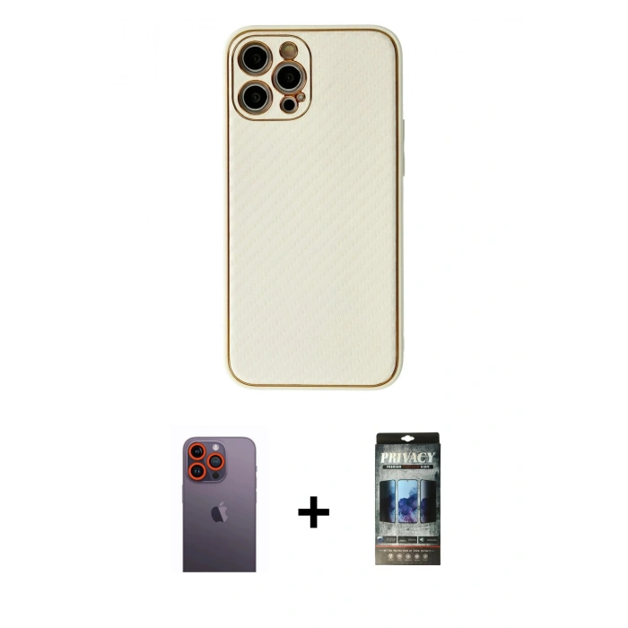 MARSİLYAN™- iPhone 12 Pro Kılıf Ahenk Işık - Siyah 34D Hayalet Izgaralı Cam + Neon Fosforlu Kamera Lens - TU