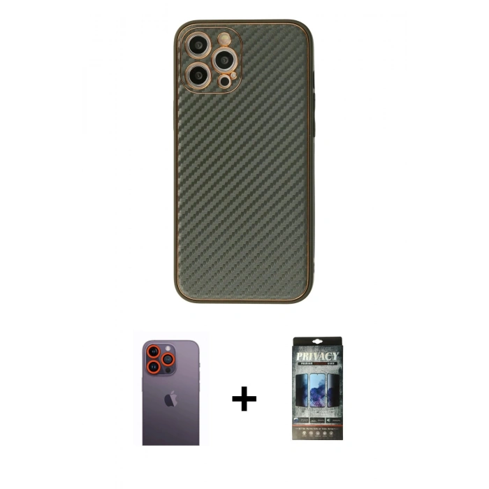 MARSİLYAN™- iPhone 12 Pro Kılıf Ahenk Işık - Siyah 34D Hayalet Izgaralı Cam + Neon Fosforlu Kamera Lens - TU