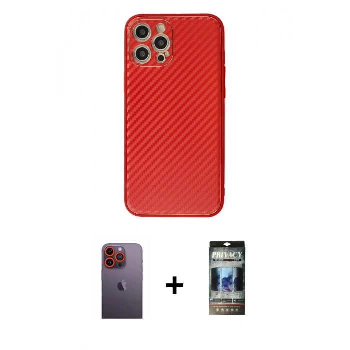MARSİLYAN™- iPhone 12 Pro Kılıf Ahenk Işık - Siyah 34D Hayalet Izgaralı Cam + Neon Fosforlu Kamera Lens - TU