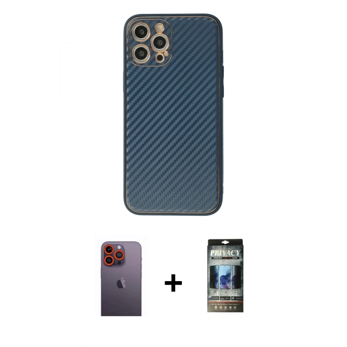 MARSİLYAN™- iPhone 12 Pro Kılıf Ahenk Işık - Siyah 34D Hayalet Izgaralı Cam + Neon Fosforlu Kamera Lens - TU