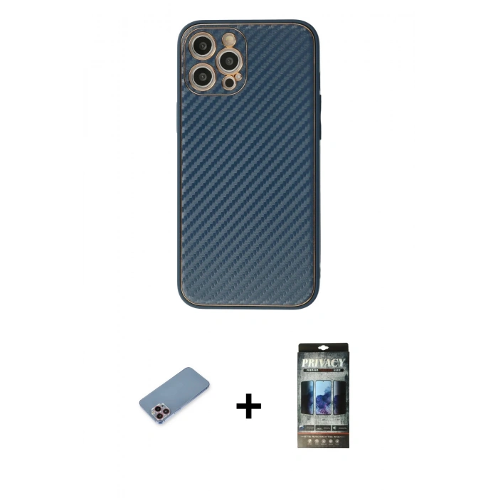MARSİLYAN™- iPhone 12 Pro Kılıf Ahenk Işık - Siyah 34D Hayalet Izgaralı Cam + Shine Kamera Lens Koruma Cam - PE
