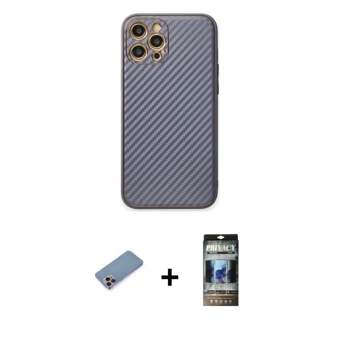 MARSİLYAN™- iPhone 12 Pro Kılıf Ahenk Işık - Siyah 34D Hayalet Izgaralı Cam + Shine Kamera Lens Koruma Cam - PE