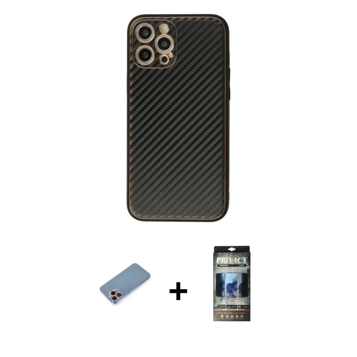 MARSİLYAN™- iPhone 12 Pro Kılıf Ahenk Işık - Siyah 34D Hayalet Izgaralı Cam + Shine Kamera Lens Koruma Cam - PE