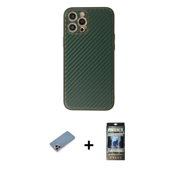 MARSİLYAN™- iPhone 12 Pro Kılıf Ahenk Işık - Siyah 34D Hayalet Izgaralı Cam + Shine Kamera Lens Koruma Cam - PE