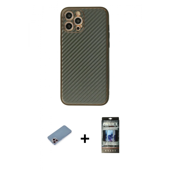 MARSİLYAN™- iPhone 12 Pro Kılıf Ahenk Işık - Siyah 34D Hayalet Izgaralı Cam + Shine Kamera Lens Koruma Cam - PE