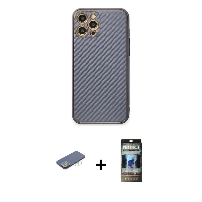 MARSİLYAN™- iPhone 12 Pro Kılıf Ahenk Işık - Siyah 34D Hayalet Izgaralı Cam + Renkli Kamera Lens Koruma Cam - YL