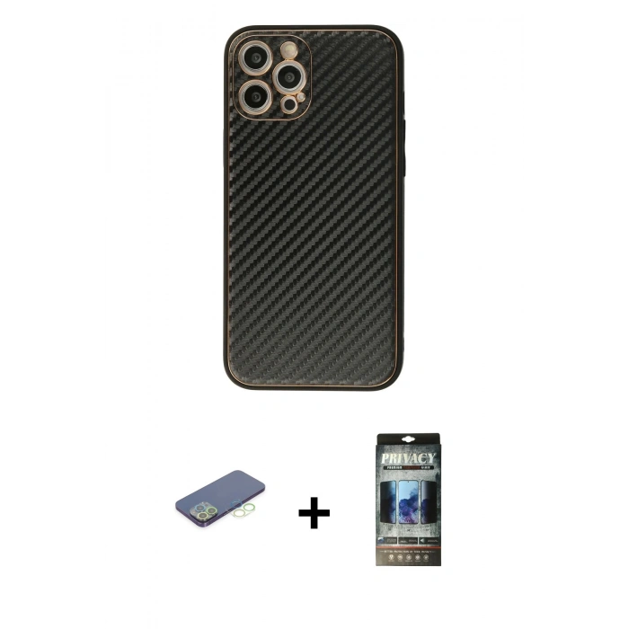 MARSİLYAN™- iPhone 12 Pro Kılıf Ahenk Işık - Siyah 34D Hayalet Izgaralı Cam + Renkli Kamera Lens Koruma Cam - YL