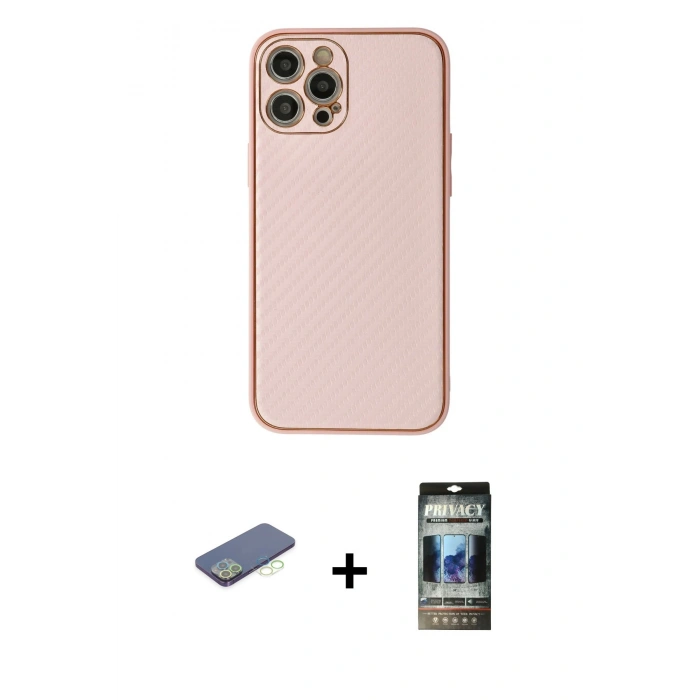 MARSİLYAN™- iPhone 12 Pro Kılıf Ahenk Işık - Siyah 34D Hayalet Izgaralı Cam + Renkli Kamera Lens Koruma Cam - YL
