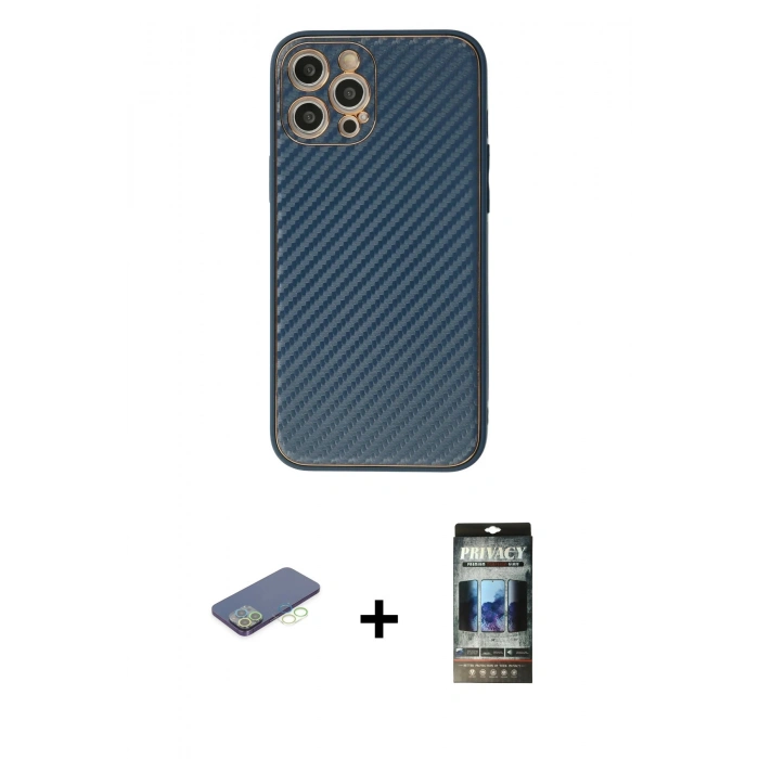 MARSİLYAN™- iPhone 12 Pro Kılıf Ahenk Işık - Siyah 34D Hayalet Izgaralı Cam + Renkli Kamera Lens Koruma Cam - YL