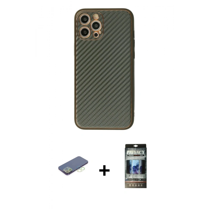 MARSİLYAN™- iPhone 12 Pro Kılıf Ahenk Işık - Siyah 34D Hayalet Izgaralı Cam + Renkli Kamera Lens Koruma Cam - YL