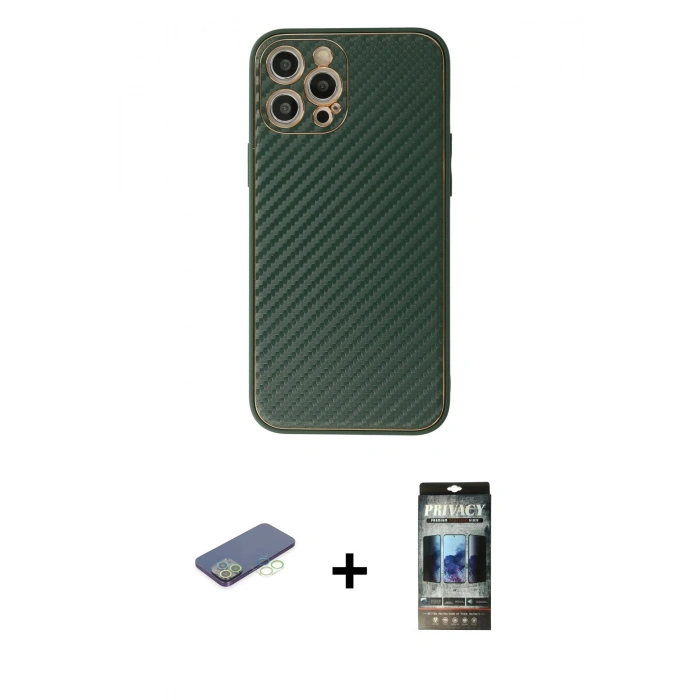 MARSİLYAN™- iPhone 12 Pro Kılıf Ahenk Işık - Siyah 34D Hayalet Izgaralı Cam + Renkli Kamera Lens Koruma Cam - YL