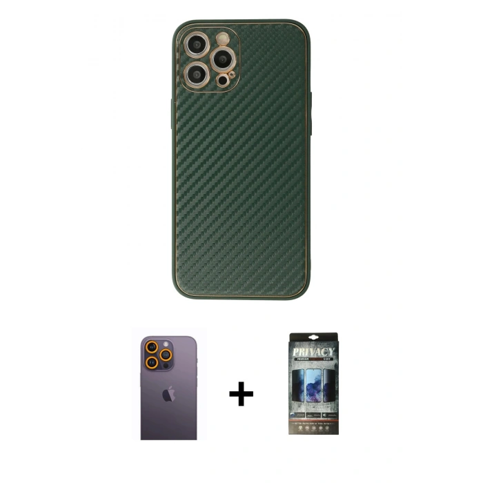 MARSİLYAN™- iPhone 12 Pro Kılıf Ahenk Işık - Siyah 34D Hayalet Izgaralı Cam + Neon Fosforlu Kamera Lens - SI