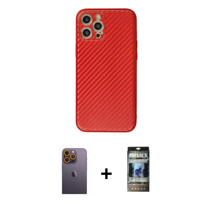 MARSİLYAN™- iPhone 12 Pro Kılıf Ahenk Işık - Siyah 34D Hayalet Izgaralı Cam + Neon Fosforlu Kamera Lens - SI